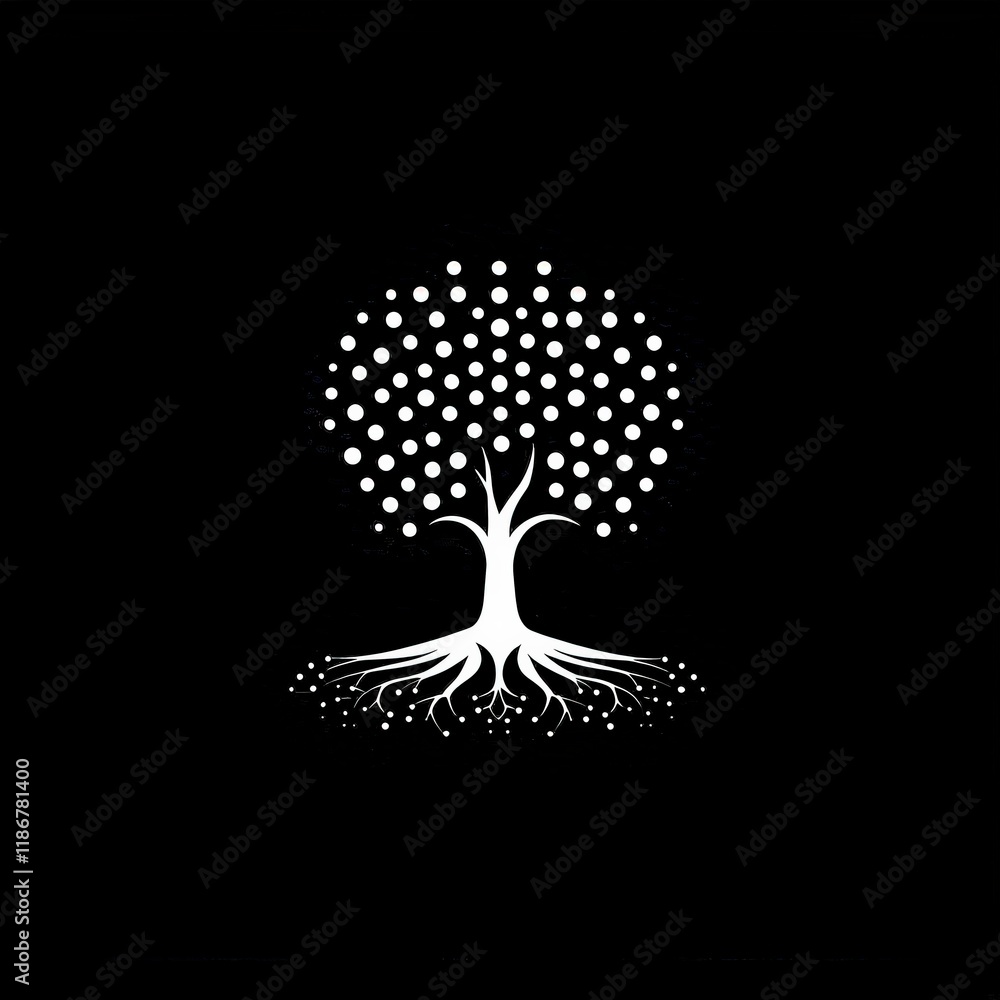 Poster minimalistic vector logo of a tree with roots in black and white design