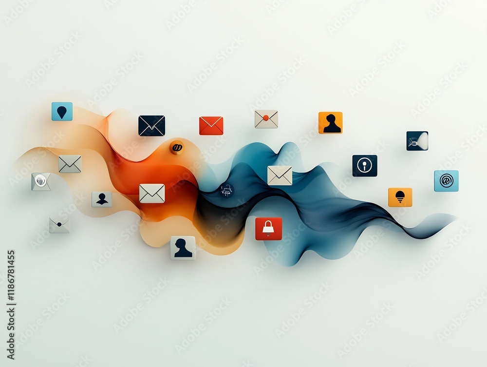 Poster flowing network of dynamic freehand avatars and abstract geometric shapes experimental digital colla