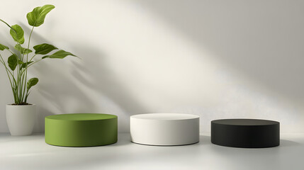 Realistic 3D Green, Black, and White Podium Pedestal with Natural Light Minimalist Mockup for Product Stages and Cosmetic Banner Displays.