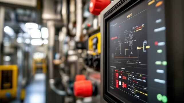 Modern control panel displaying schematics, data, and key performance indicators - kpis - within an industrial manufacturing plant, showcasing automation and monitoring systems