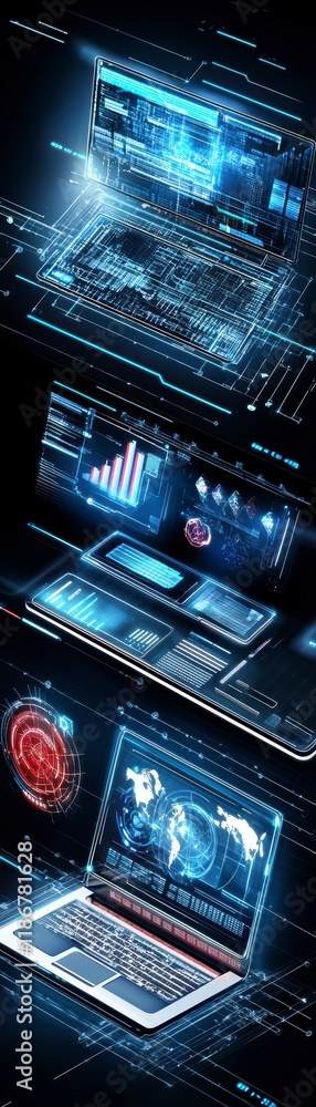 Poster data visualization and analysis in cybersecurity digital workspace infographic dark theme high-tech 