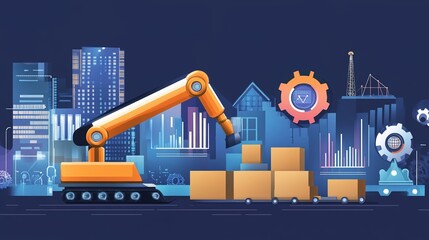 Obraz premium Innovative Robotic Packaging in High-Tech Industrial Facility: Mechanical Arms Efficiently Box Products in Futuristic Factory Setting. 32K Visualization of Advanced Logistics, Transport Automation, an