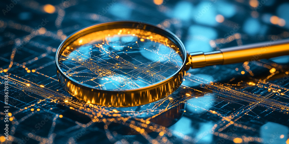 Poster magnifying glass highlighting glowing digital network and circuit patterns