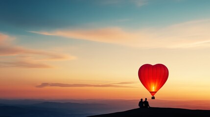 Fototapeta premium Couple sitting together in a glowing heartshaped hot air balloon above a dreamy landscape, adventure and love