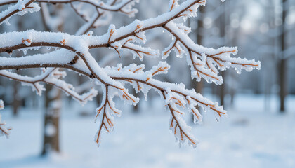 Obraz premium Close-up of winter tree branches covered in frost and melting ice drops against a snowy background