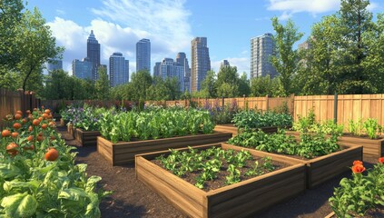 Fototapeta premium Urban garden with raised beds and city skyline.
