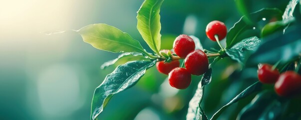 Obraz premium Flavor originating from coffee beans. Vibrant red berries with green leaves