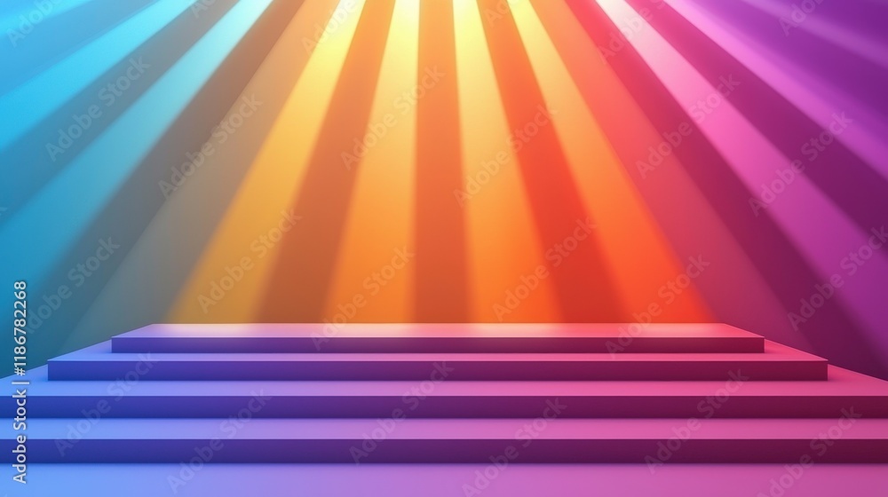 Poster modern dynamic stepped pod background with vibrant colorful rays of light