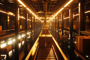 Obraz premium Industrial Conveyor System Transporting Cardboard Boxes in Warm Ambient Lighting, Showcasing Modern Automation and Efficient Manufacturing Processes