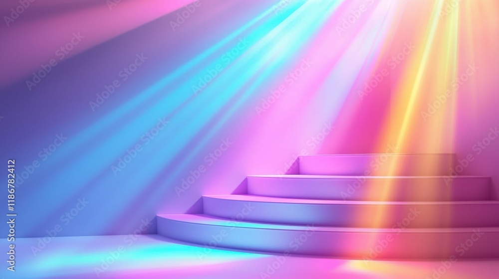 Poster dynamic modern background with stepped pod and colorful light rays
