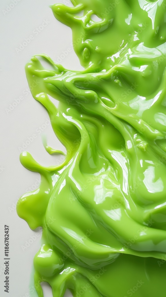 Poster light green paint forming a shiny splash on a white background, creating an abstract and vibrant vis