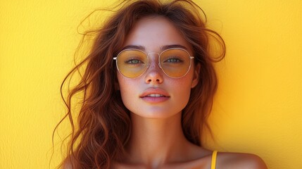 Fototapeta premium Portrait of a beautiful young woman with long red hair, freckles, and yellow sunglasses on a vibrant yellow background