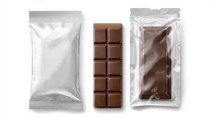Flow pack and chocolate bar. White snack package template for cookies, biscuit, wafer. Blank chocolate bar mockup by foil flow pack on transparent back. Realistic isolated sache and wrapper bag set