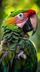 Obraz premium Vivid macaw parrot displaying brilliant plumage, resting against soft verdant backdrop with sharp foreground detail