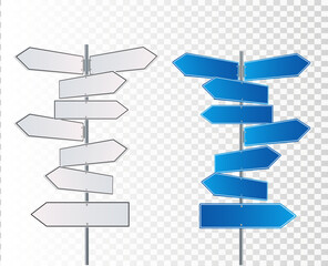 Direction road signs arrows on blue sky. Vector illustration.