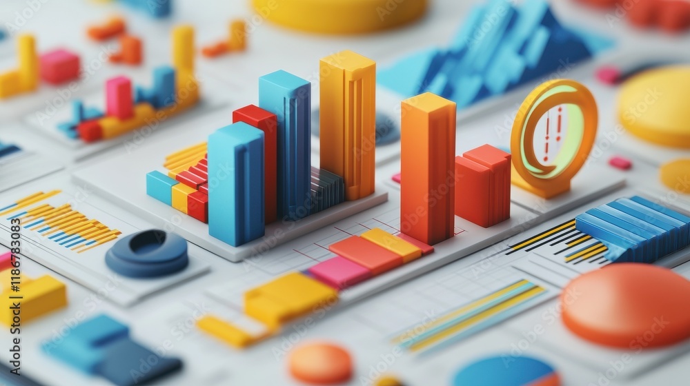 Poster colorful 3d business chart and graph elements on white platform, representing data analysis, report 