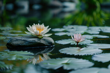 Tranquil Zen Waterscape with Lotus Blossoms and Smooth Stones in Serene Reflection