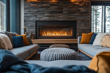 A cozy modern living room with a large fireplace and comfortable seating