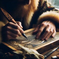 Scrimshaw Man etching intricate designs onto bone or ivory