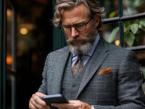 Distinguished bearded man in a tailored suit using a smartphone outdoors.
