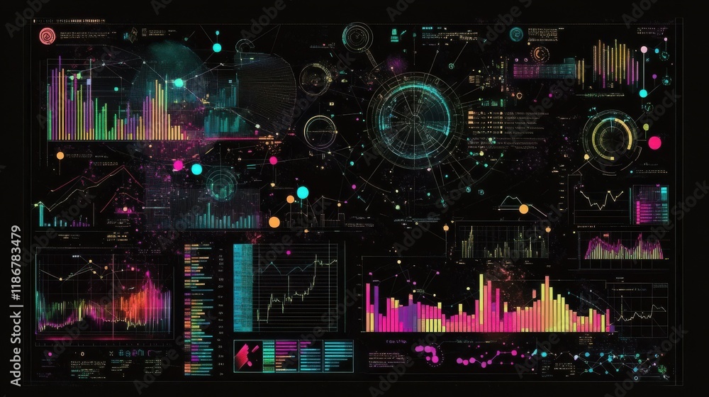 Poster abstract black background with colorful charts and graphs with statistics to innovative analyze busi