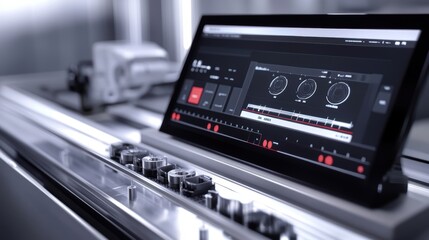 Modern industrial equipment showing manufacturing process data and production status on control panel screen, with metallic parts moving on conveyor belt in factory