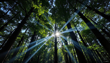 Obraz premium Sunlight filtering through a shaded tree canopy with rays shining in a dense forest