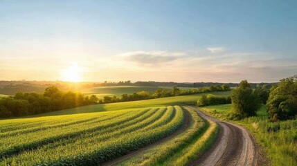 Obraz premium Serene Landscape at Sunrise with Curved Dirt Road and Fields
