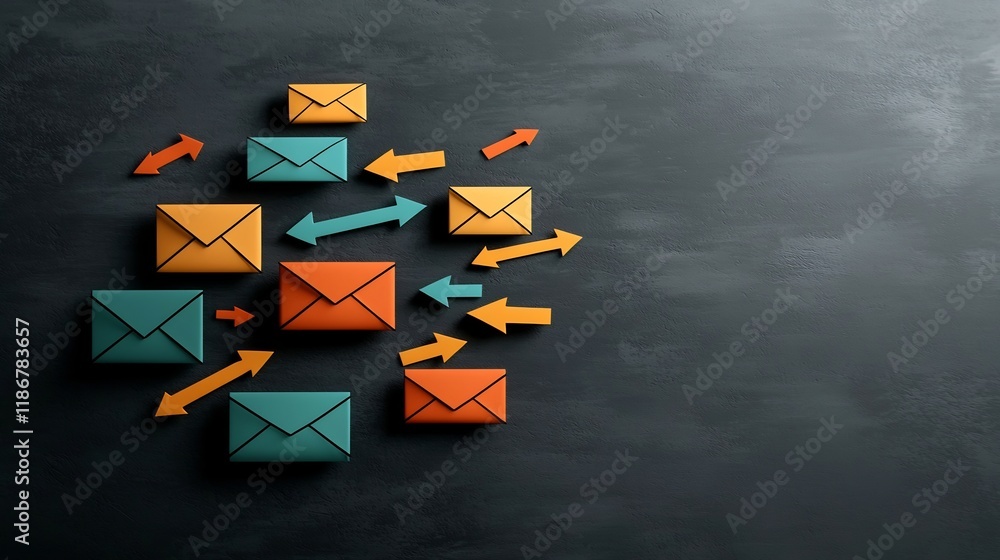 Poster freehand drawn global communication and social network concept with colorful arrows and envelope sym