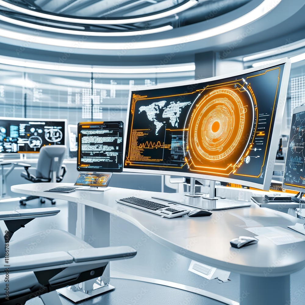 Aufkleber advanced data analysis modern office digital workspace high-tech environment aerial view innovation 