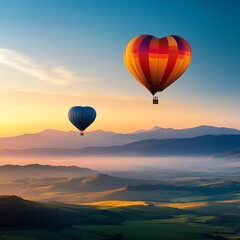 Fototapeta premium Heartshaped hot air balloons floating over a dreamy valley, romantic adventure concept, soft morning light
