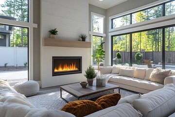 A cozy modern living room with a fireplace and comfortable seating