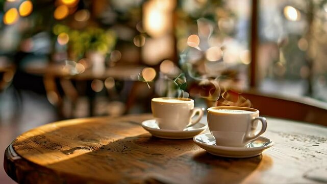 Two coffees steaming on cafe table, sunny morning