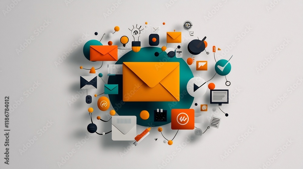 Poster interconnected digital communication landscape with vibrant abstract icons representing mail network