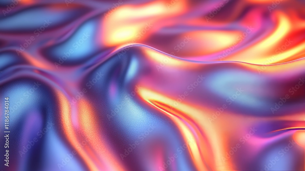 Poster vibrant holographic surface shimmering with iridescent waves, reflecting multicolored light patterns