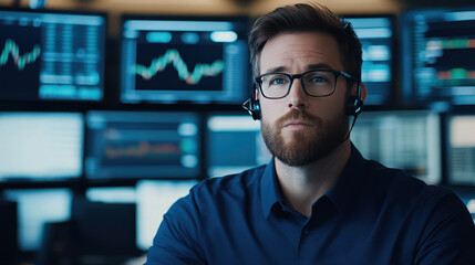 Professional man with headset analyzing stock market data in trading room. Focused expression amidst multiple screens displaying financial graphs and charts