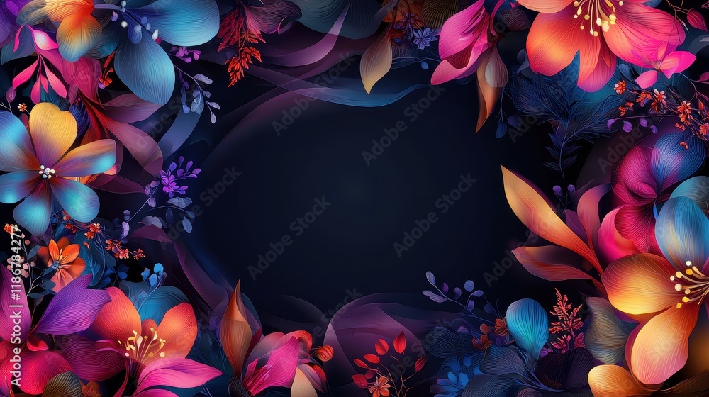 Poster colorful and elegant floral border design with artistic botanic elements on dark background