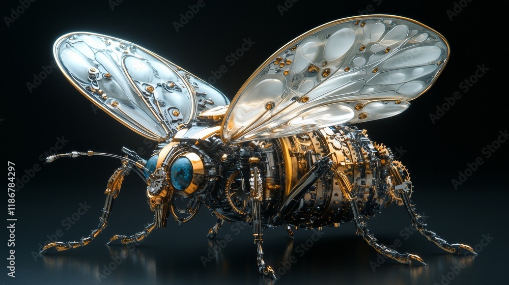 Poster futuristic robotic insect with transparent wings and visible gears is standing on a reflective surfa