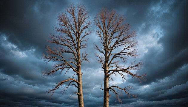 Two towering trees silhouetted against a stormy sky with dark ominous thunderheads