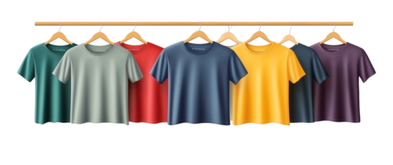 Colorful T-shirts hanging on wooden hangers, isolated on a transparent background - Colorful T-shirts hanging on wooden hangers, isolated on a transparent background