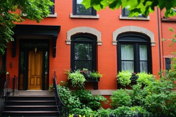 In an urban neighborhood, a vibrant red brick building stands out, surrounded by lush greenery and adorned with colorful flower boxes on a warm summer afternoon
