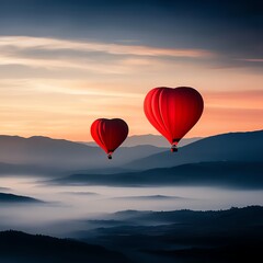 Fototapeta premium Heartshaped hot air balloons floating over a dreamy valley, romantic adventure concept, soft morning light