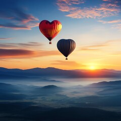 Obraz premium Heartshaped hot air balloons floating over a dreamy valley, romantic adventure concept, soft morning light