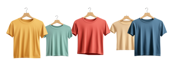 Colorful T-shirts hanging on wooden hangers, isolated on a transparent background - Colorful T-shirts hanging on wooden hangers, isolated on a transparent background