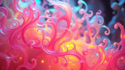 Seamless abstract glow of colorful, intricate fantasy shapes and patterns that blend harmoniously to create a mesmerizing background, dreamlike state, where soft, feathery edges and delicate, swirling