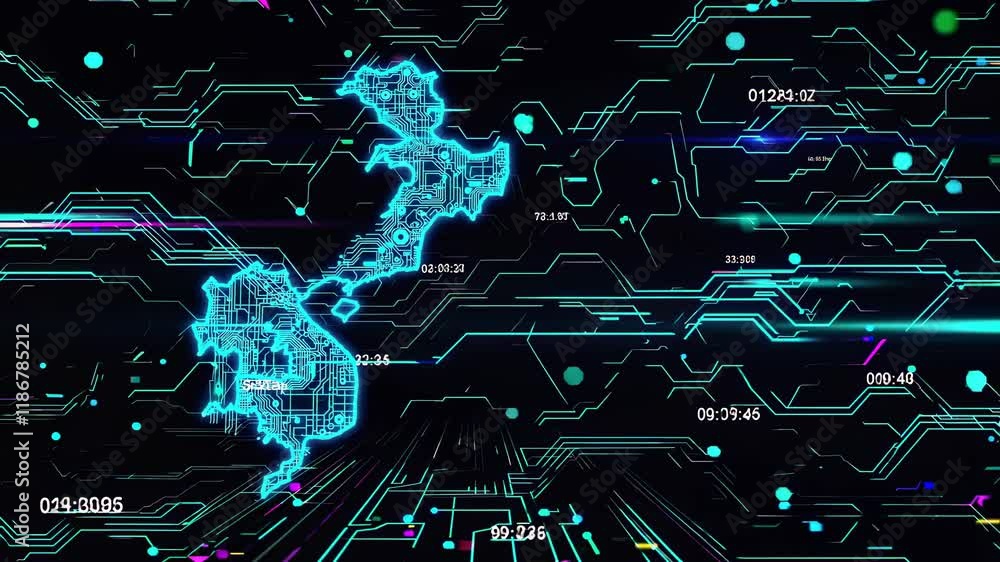 Poster digital map visualization showcasing data connections and technology in an abstract design