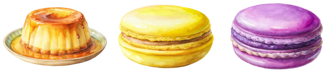 Colorful dessert illustration, watercolor style, sweet treats, macarons and flan, food art, culinary design.