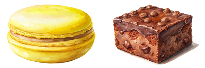 Colorful dessert illustration, yellow macaroon, chocolate brownie, watercolor style, sweet treats, bakery art.
