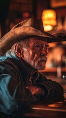 Obraz premium Rugged cowboy with grizzled beard resting elbows on wooden bar, warm saloon light casting shadows across weathered features