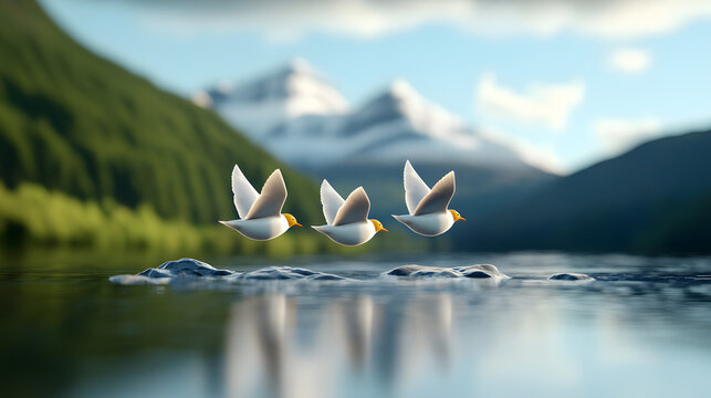 serene 3D illustration of migratory birds flying gracefully over tranquil lake, surrounded by lush green mountains and clear blue sky, evoking sense of peace and freedom